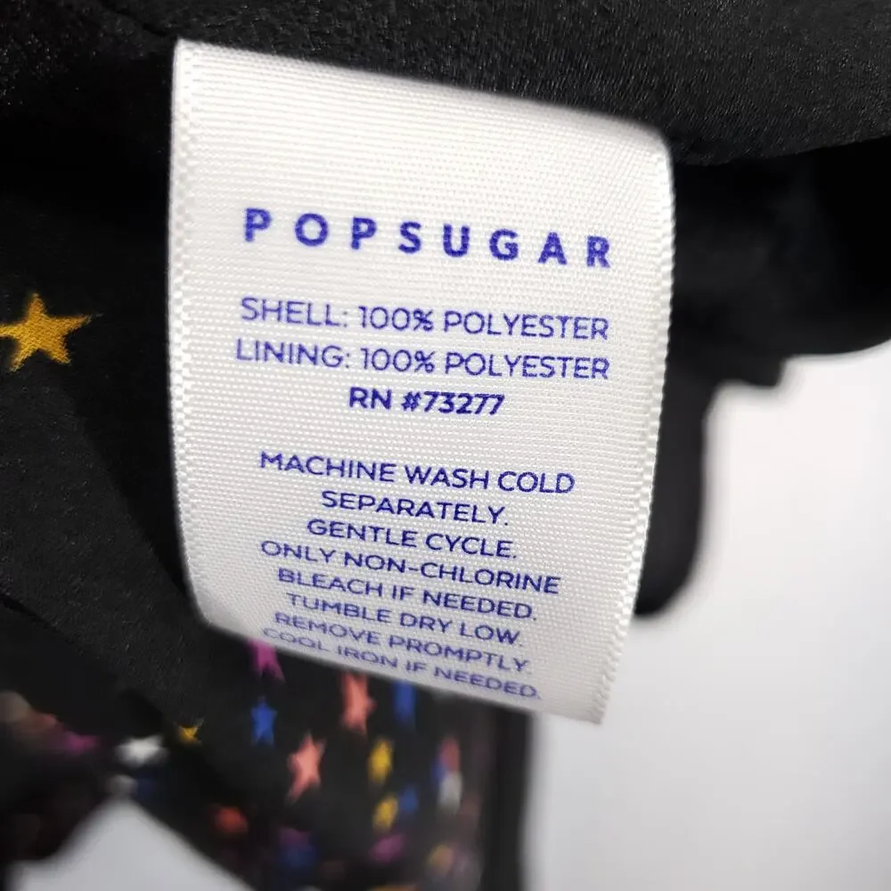 Popsugar Wrap Dress Womens Medium Black Multicolor‎ Stars Ruffle Neck Lined Mini